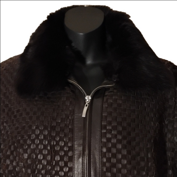 Wilson's Chocolate Brown Leather Rabbit Fur  collared  textured jacket. Size XL. - Picture 2 of 14